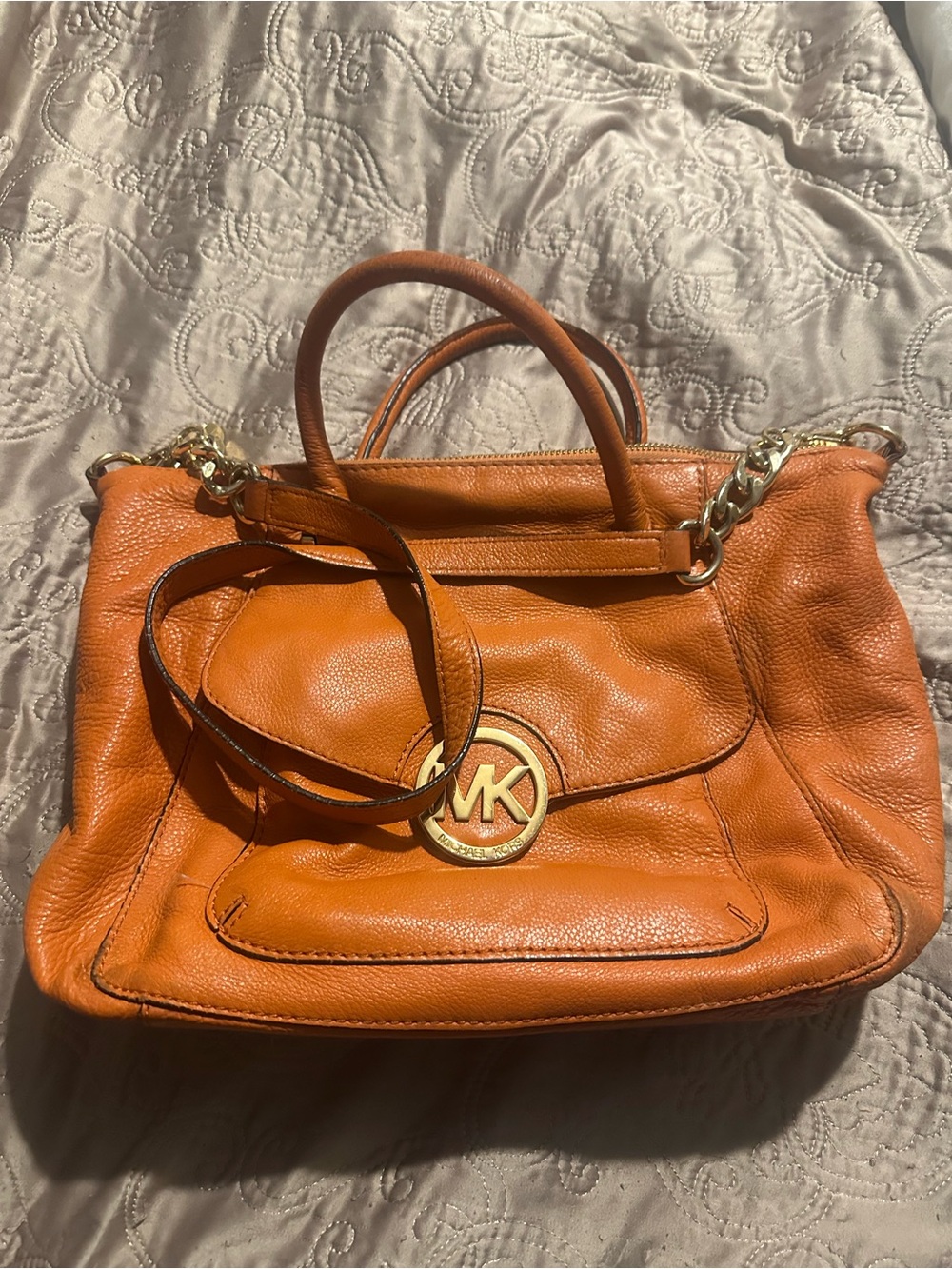 Michael Kors Orange Leather Satchel with Gold MK Medallion